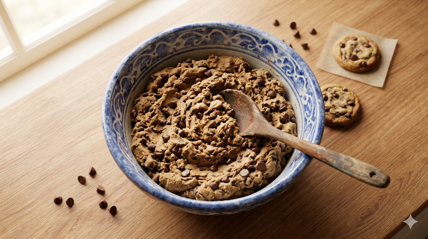 Cookie dough in a blue ceramic bowl